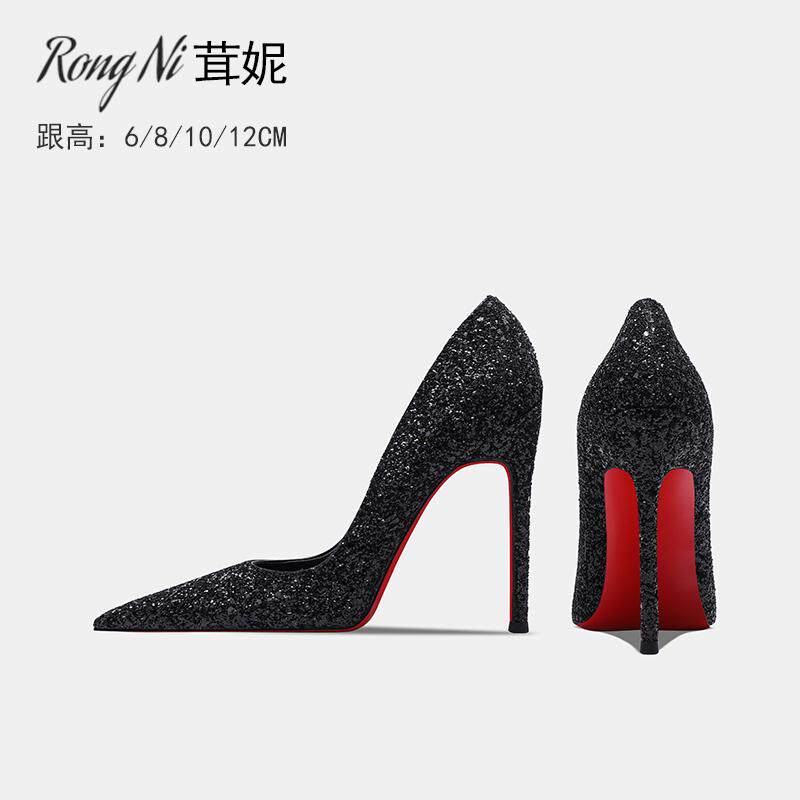 茸妮黑色浅口高跟鞋女满天星红底细跟时尚爆款单鞋女尖头绝美12cm