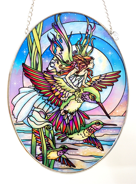 深海吧。美国AMIA精品大号仙子与蜂鸟 彩绘玻璃挂画生日礼物女生