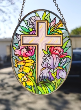 深海吧 鸢尾花与十字彩色玻璃挂件花园客厅装饰美国amia生日礼物