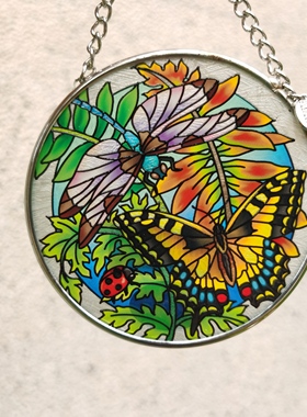 清仓 蝴蝶蜻蜓绚丽复古AMIA彩色玻璃挂牌壁饰ventage家居摆件艺术