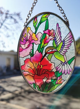 惊艳！蜂鸟与美人蕉彩色玻璃挂件客厅摆件创意高档送礼出口美国