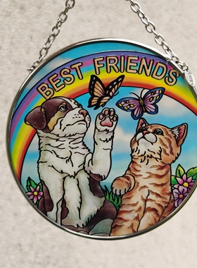 清仓 猫狗好友AMIA彩绘玻璃挂牌壁饰复古ventage摆件乔迁生日礼物