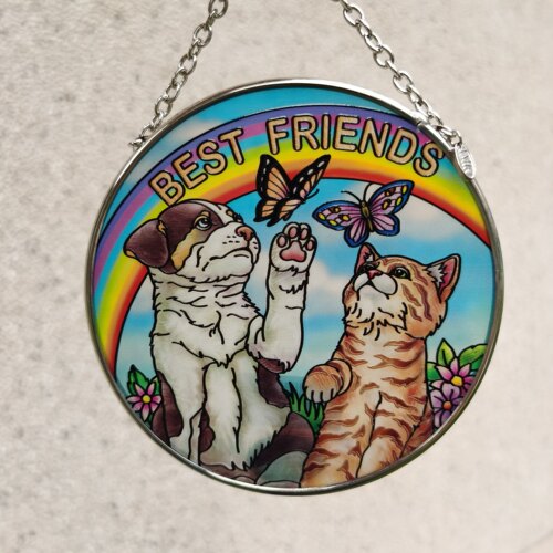 清仓 猫狗好友AMIA彩绘玻璃挂牌壁饰复古ventage摆件乔迁生日礼物