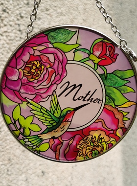 清仓！蜂鸟与洋牡丹母亲节礼物AMIA彩色玻璃挂牌壁饰复古华丽送礼