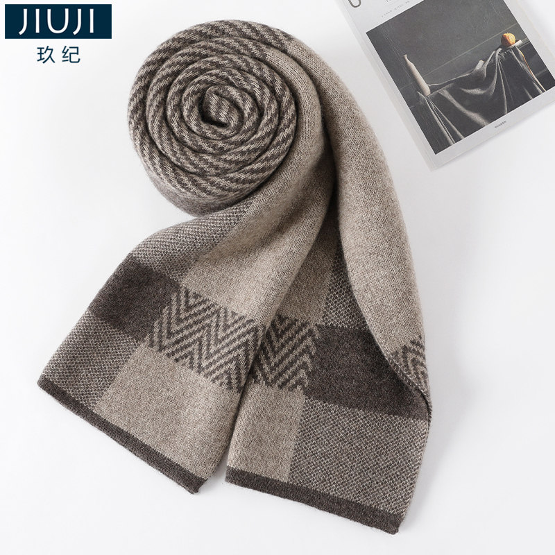 玖纪山羊绒男士围巾男冬季高档礼盒装韩版新款百搭保暖格子围脖
