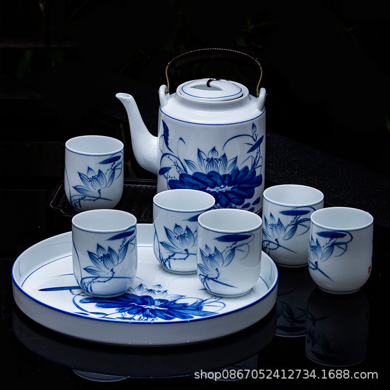 手绘青花瓷茶具套装家用会客办公中式景镇陶瓷提梁茶壶茶杯