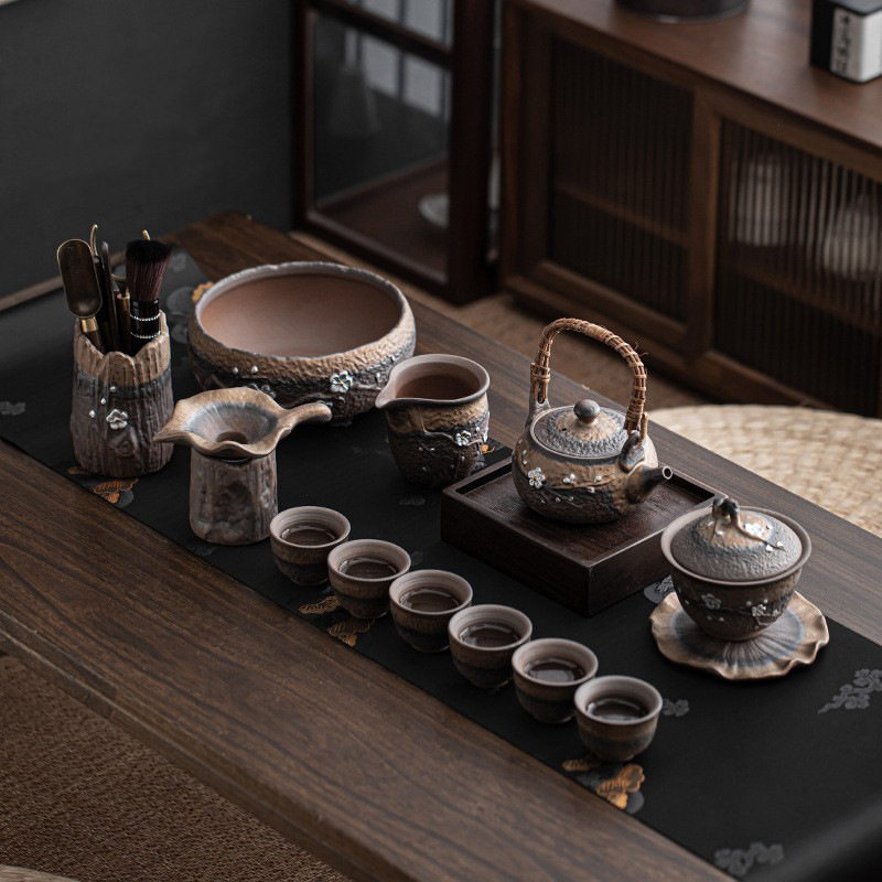 日式复古粗陶功夫茶具套装家用盖碗提梁壶泡茶会客办公茶杯