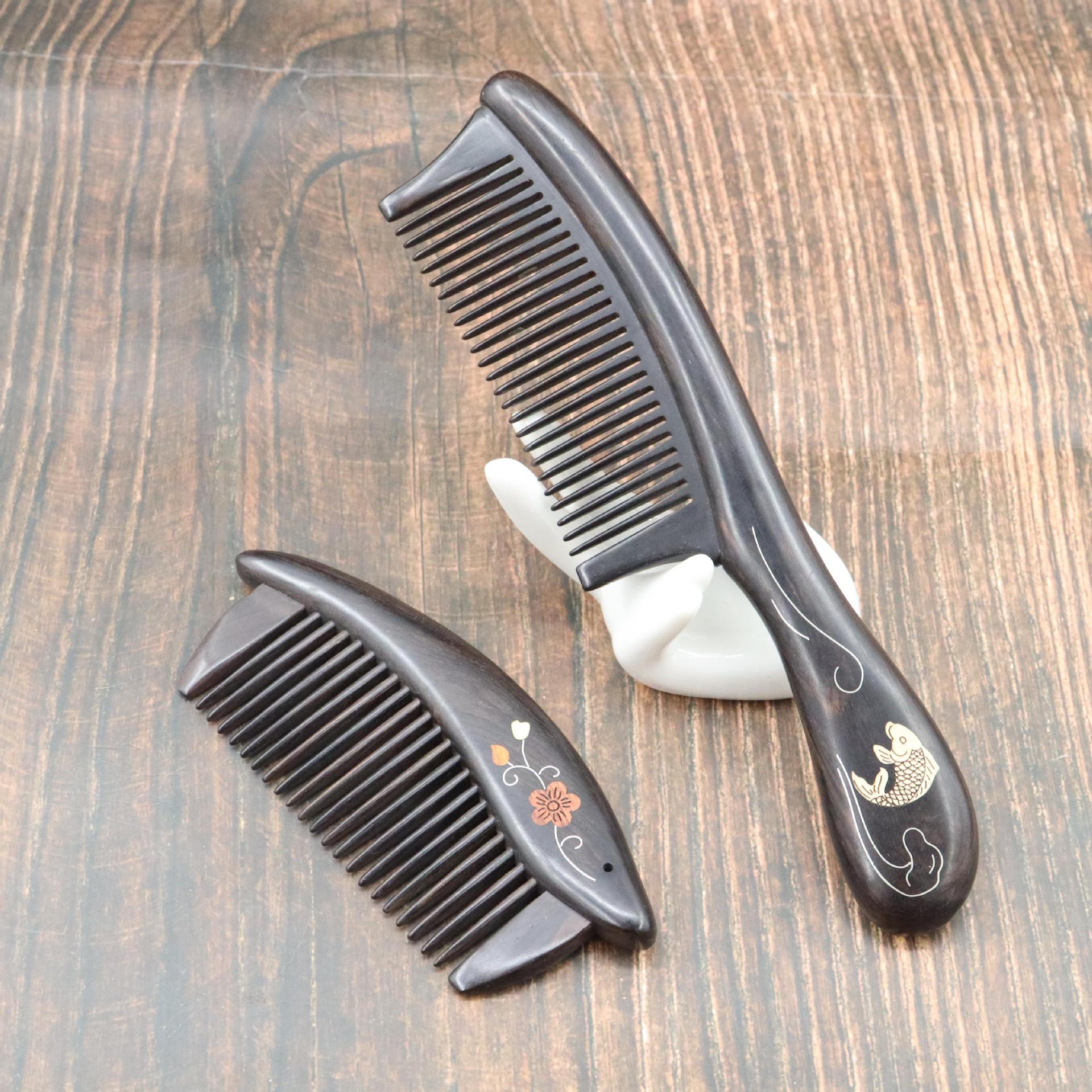 厂家紫光檀木梳榫卯拼接插齿梳纯手工镶嵌铜丝乌檀木礼梳子