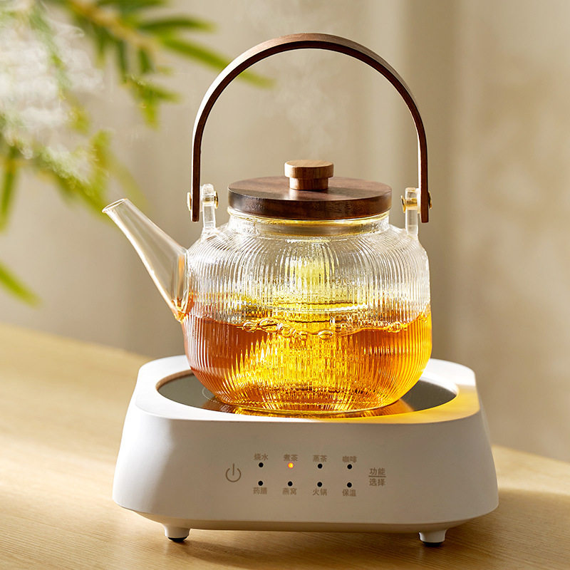 玻璃煮茶壶竖纹茶具套装电陶炉煮茶器下午围炉蒸泡白茶提梁烧