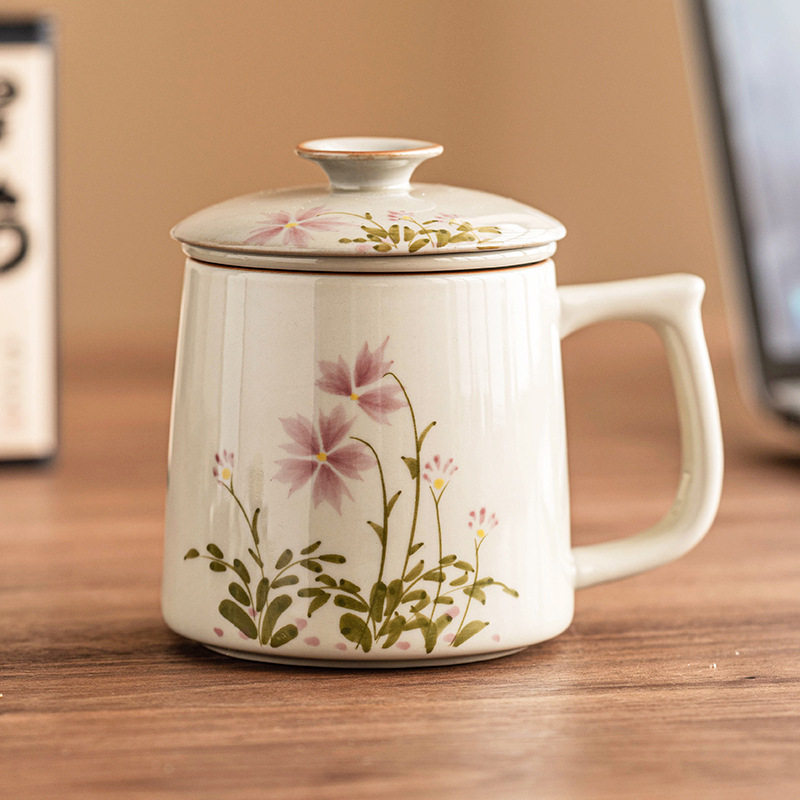 手绘小雏菊泡茶杯茶水分离马克杯带盖陶瓷茶具办公室杯子企业