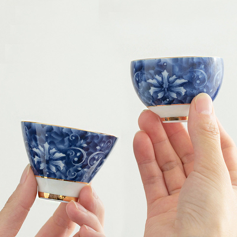 青花瓷功夫茶杯陶瓷家用茶盏斗笠杯手工中式茶碗景泰蓝茗杯单个