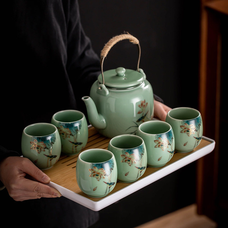 青瓷大容量提梁壶茶具套装家用冷水茶壶防烫中式功夫茶具一壶六杯