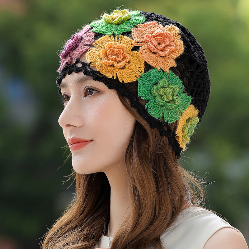 薄款花朵帽女士春秋季蕾丝包头帽钩花针织帽2024新款镂空遮白发帽