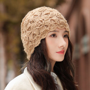 帽子女士秋冬2025新款包头毛线帽保暖洋气针织帽手工钩花遮白发帽
