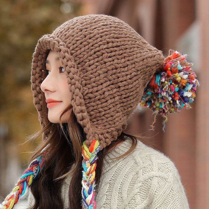 帽子女款秋冬季保暖流苏辫子毛线帽编织针织帽卷边护耳包头1214r