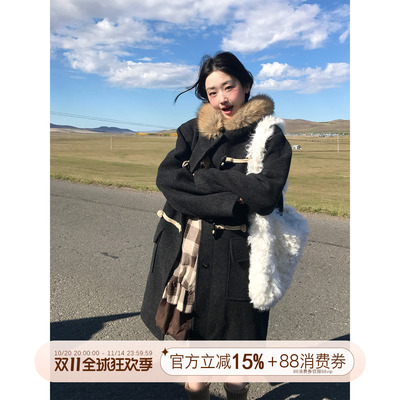 霍里德地图含羊毛夹棉毛呢大衣女复古牛角扣可拆毛领连帽呢子外套