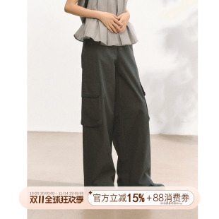 抽绳长裤 裤 蕾丝拼接深灰色百搭休闲宽松高腰直筒工装 霍里德地图