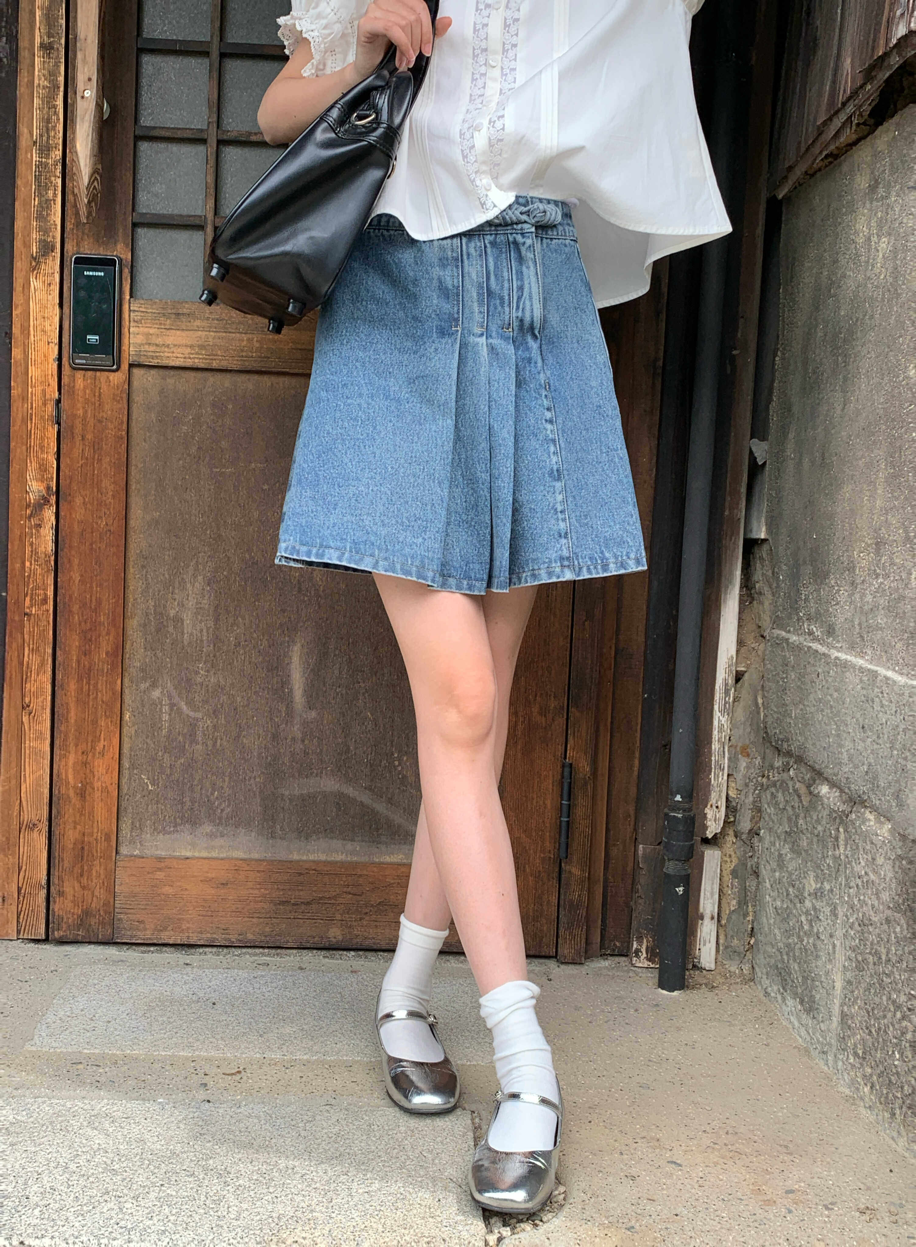 霍里德地图 夏季水洗蓝色牛仔半裙女中国结设计高腰显瘦a字半身裙