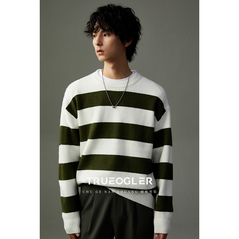 圆领条纹拼色针织衫可外穿