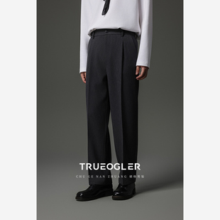 储格 秋季 垂感挺阔加厚休闲裤 饰长裤 直筒宽松西裤 男单褶腰绊装