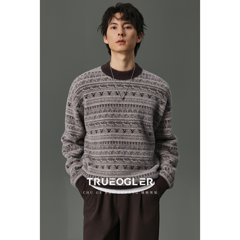 仿貂绒横纹提花加厚针织衫