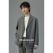 高级感单西外套 假两件双门襟休闲西服男宽松落肩小西装 储格