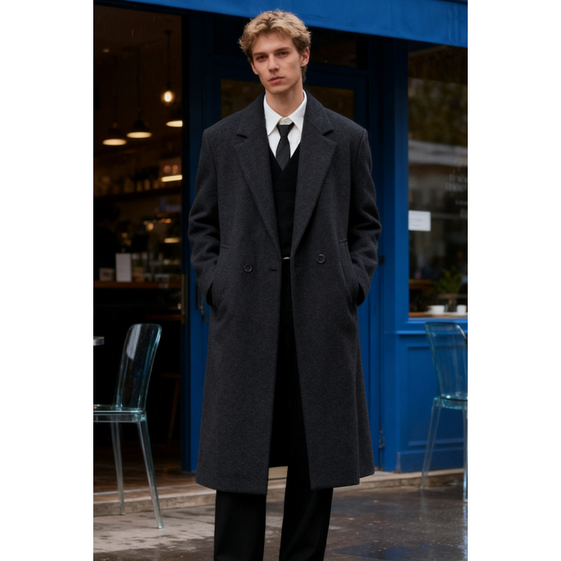 羊毛呢子大衣男中长款宽松双排扣 加棉保暖外套 70羊毛高级感