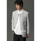 休闲西装 厚款 无领羊毛呢休闲西服男冬季 外套高级妮子便西 储格