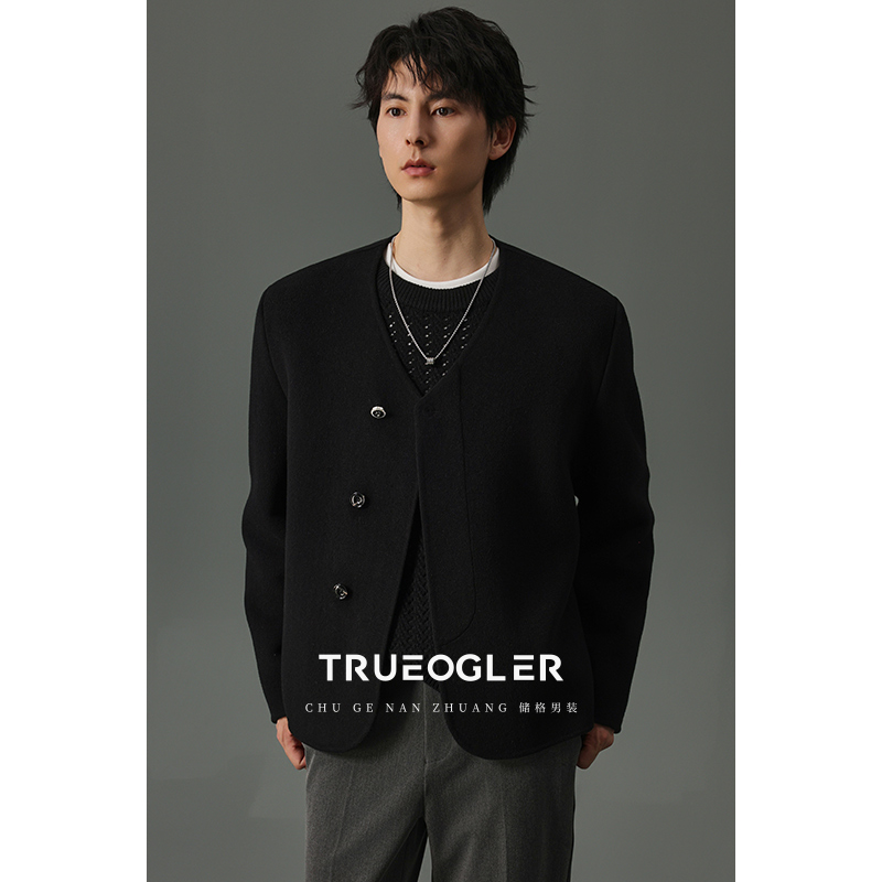 重磅双面羊毛无领短款夹克男