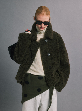 SLO“札幌小记”绵羊毛皮毛一体皮草女2025新款绿调短款毛毛外套