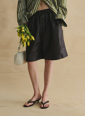 SLO“自然揉革”全植鞣小羊皮中裤26春黑色微哑光复古时髦休闲裤