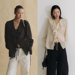 SLO 荷叶边系带衬衫 女宽松条纹法式 复古小资V领衬衣 微光浪漫