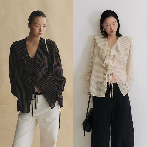 SLO“微光浪漫 ”荷叶边系带衬衫女宽松条纹法式复古小资V领衬衣