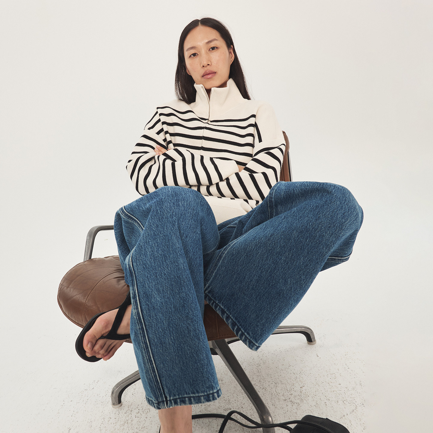 SLO“牛津早报 ”高领半拉链毛衣女秋冬条纹针织衫慵懒风气质上衣