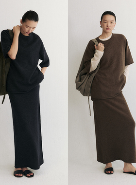 SLO”咖啡散步装“ 慵懒极简松弛穿搭宽松毛衣A字半身裙羊毛套装