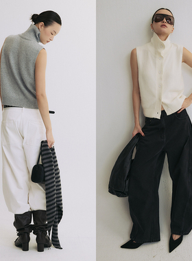 SLO“暖绒高智”无袖开衫马甲女秋时髦洋气复古高领叠穿背心马夹