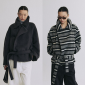 SLO 呢子毛呢外套 灰色条纹短款 夜游玛黑 羊毛大衣女2025新款