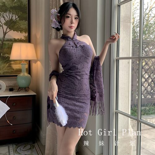 紫色中式旗袍性感露肩连衣裙女夏季紧身显身材短裙纯欲风包臀裙子