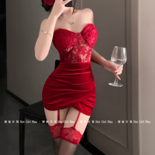 辣妹计划 性感显身材丝绒包臀裙蕾丝拼接抹胸超短裙 红色睡衣女款