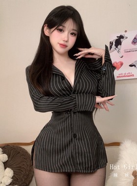 律政佳人*性感禁欲系睡衣男友衬衫女纯欲收腰条纹秘书ol制服睡裙