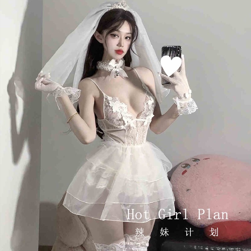 辣妹计划：做你的新娘*婚纱纯欲性感网纱吊带连体cos制服qqny睡衣