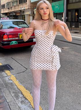 Cjxnh波点连衣裙吊带 蝴蝶结显瘦百搭气质包臀裙白色少女纯欲风