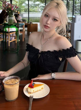 Cjxnh蕾丝一字肩吊带上衣辣妹抹胸开衫显瘦百搭韩系褶皱ins风25夏