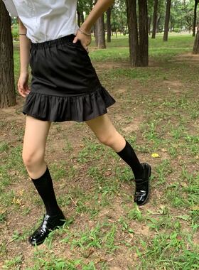 Cjxnh 荷叶花边短裙 压皱 女 黑色 春夏 半身裙