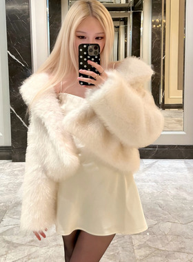 Cjxnh环保皮草短外套 翻领毛毛大衣染尖米色棕色韩系保暖25秋冬