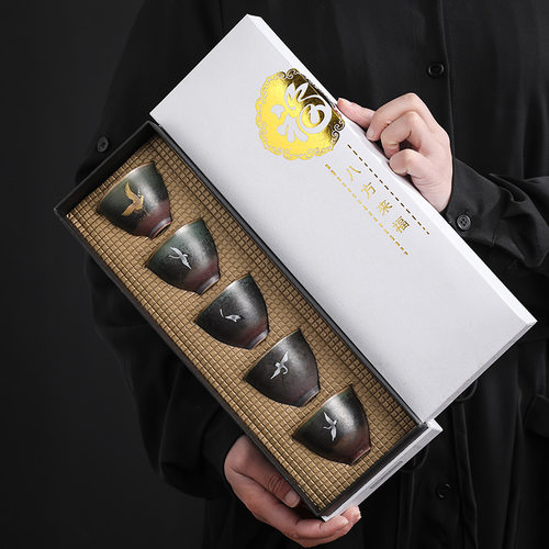 日式窑变复古焕彩仙鹤茶杯陶瓷功夫茗杯闻香杯5只套组礼盒装