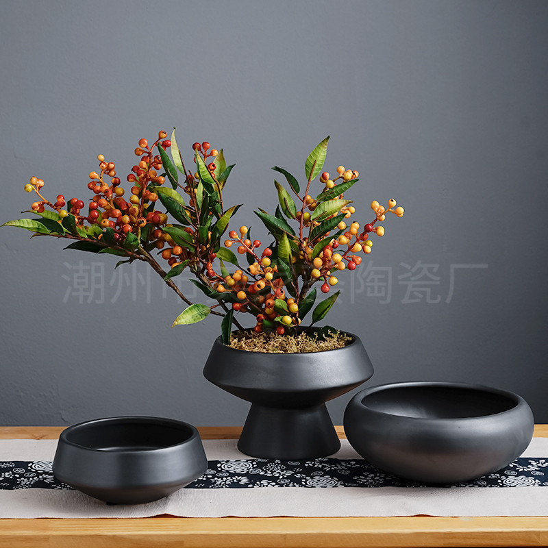 新中式禅意陶瓷花盆日式家居摆件花道花器样板房盆栽茶室土培花盆
