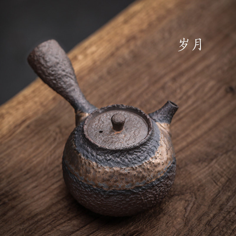 日式粗陶石纹侧把壶手工复古陶瓷功夫茶具小茶壶单壶普洱泡茶器