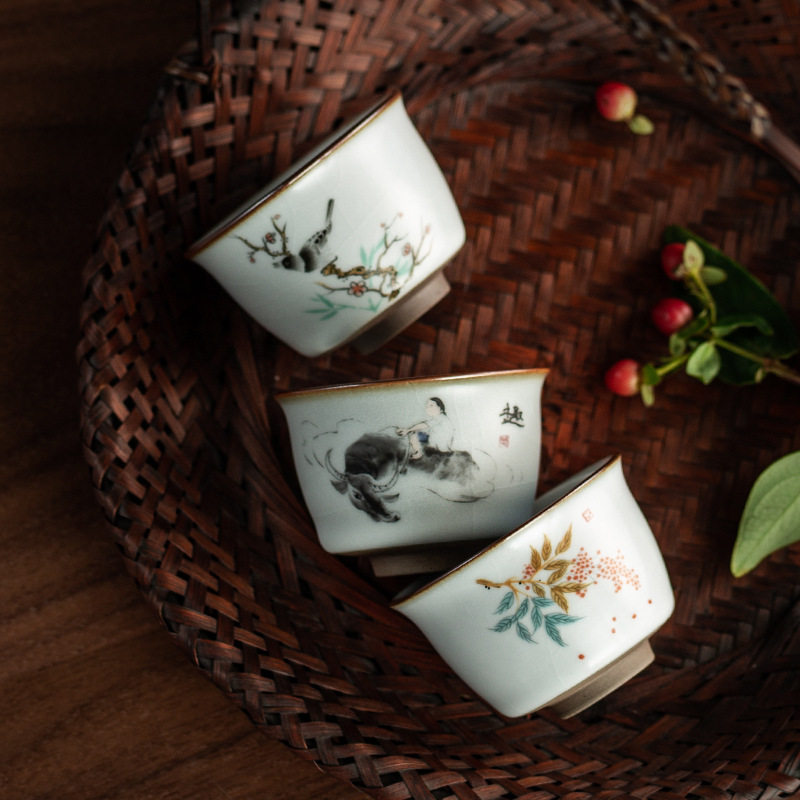 汝窑茶杯复古陶瓷功夫茶杯茗杯汝瓷开片可养单杯大号主人杯茶盏