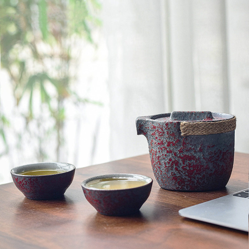 铁锈釉旅行茶具一壶二杯便携户外粗陶手抓壶茶杯功夫茶具小套装